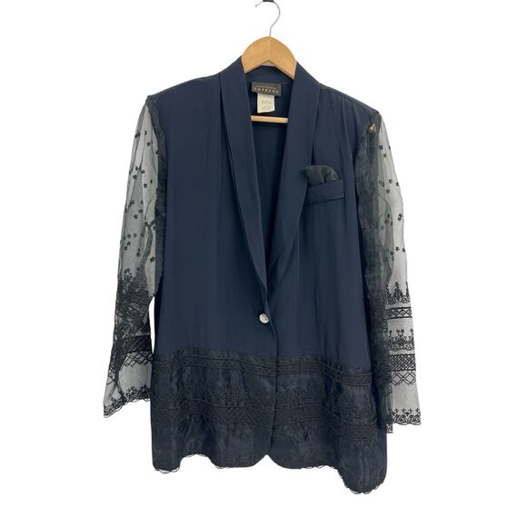 Vintage 90s Express Black Lace Sleeve Blazer Jacket Large - Picture 1 of 6